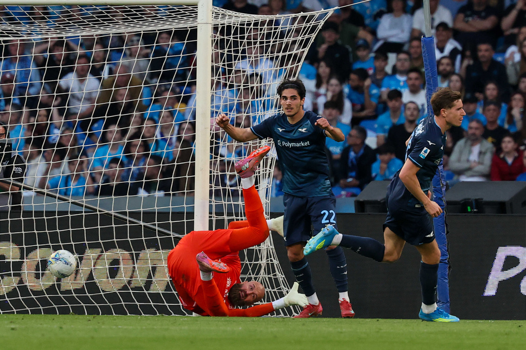 Lazio's Toma Basic celebrates after scoring during the Italian Serie A soccer match between Napoli and Lazio in Naples, Italy, Saturday, April 18, 2026. (Alessandro Garofalo/LaPresse via AP)