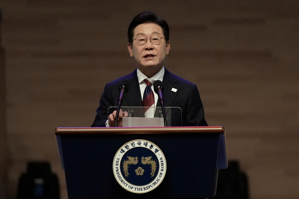 FILE - South Korean President Lee Jae Myung speaks during a ceremony to celebrate the 80th anniversary of Korea's liberation from Japanese colonial rule in Seoul, South Korea, on Aug. 15, 2025. (AP Photo/Ahn Young-joon, Pool, File)