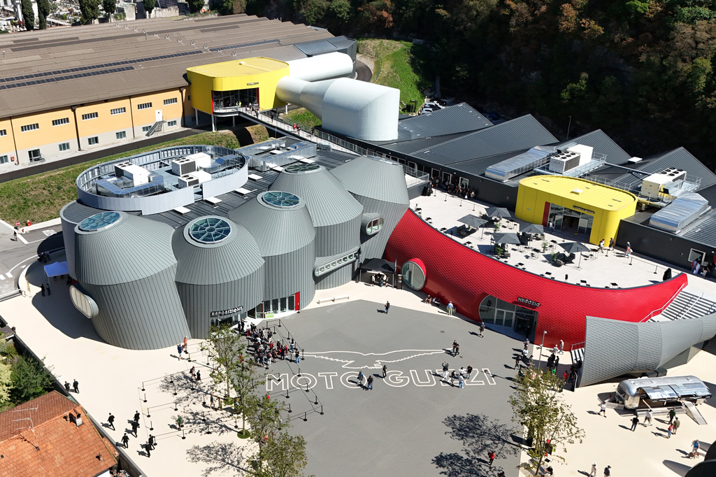 An overview of the Guzzi factory, during the opening inaugurating its completely redeveloped historic factory and new museum as the motorcycle maker celebrates its 105th anniversary, in Mandello del Lario, Thursday, Sept. 3, 2026. (AP Photo/Niccolo' Lupone)