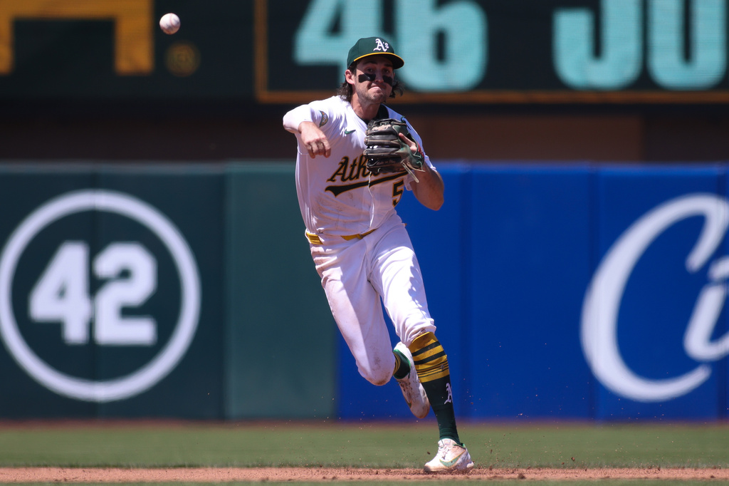 Athletics shortstop Jacob Wilson throws to first base for the final out of the top of the sixth inning of a baseball game against the Kansas City Royals, Thursday, April 30, 2026, in West Sacramento, Calif. (AP Photo/Scott Marshall)