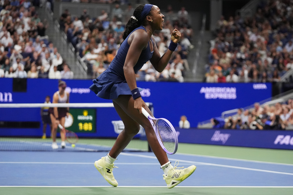Coco Gauff, of the United States, reacts during the fourth round of the U.S. Open tennis championships against Iva Jovic, of the United States, Monday, Sept. 7, 2026, in New York. (AP Photo/Frank Franklin II)