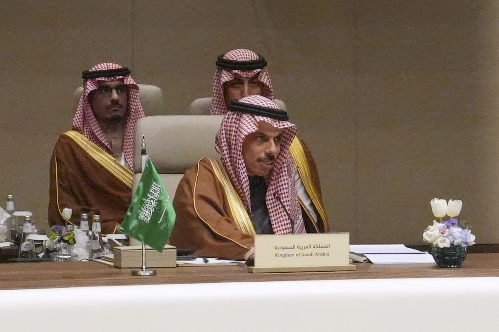Saudi Arabia's Foreign Minister Prince Faisal bin Farhan Al-Saud chairs a consultative meeting of foreign ministers from a group of Arab and Islamic countries in the Saudi capital, Riyadh, Thursday, March 19, 2026. (AP Photo/Baraa Anwer)
