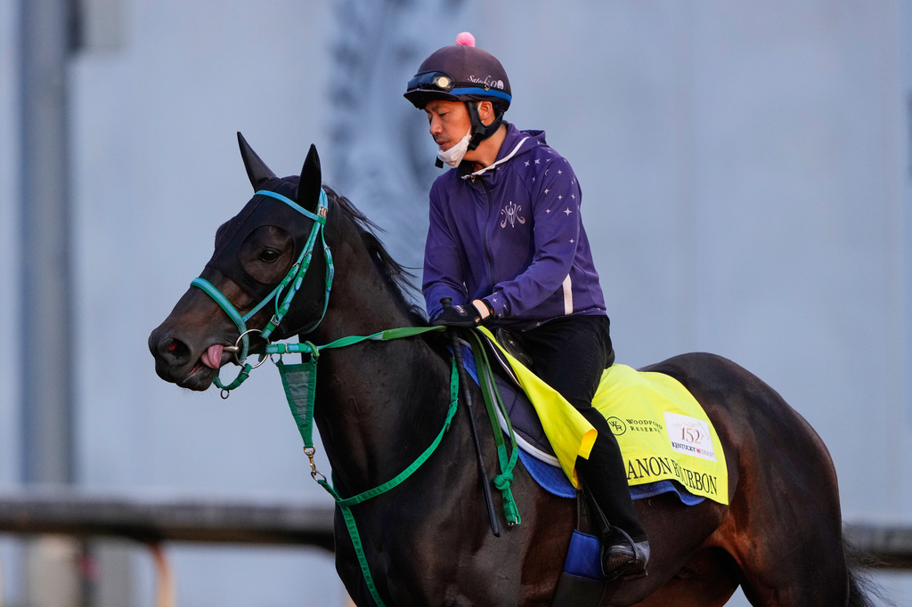 Kentucky Derby entrant Danon Bourbon works out at Churchill Downs Monday, April 27, 2026, in Louisville, Ky. (AP Photo/Charlie Riedel)
