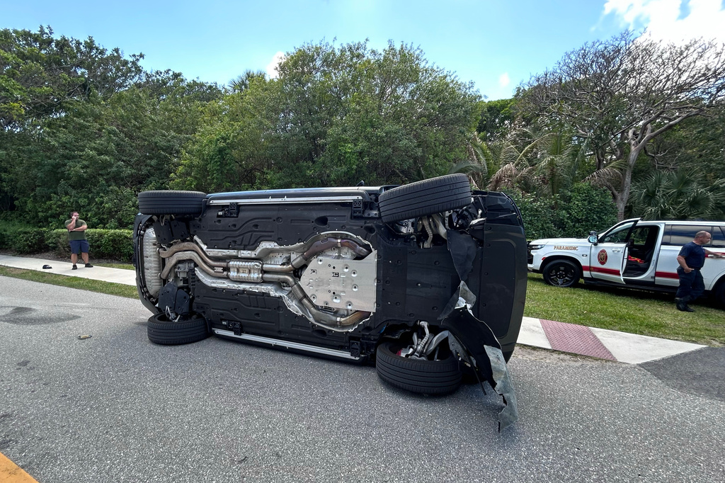 This photo provided by the Martin County Sheriff's Office shows the overturned vehicle in a rollover crash which involved Tiger Woods in Jupiter Island, Fla., on Friday, March 27, 2026. (Martin County Sheriff's Office via AP)
