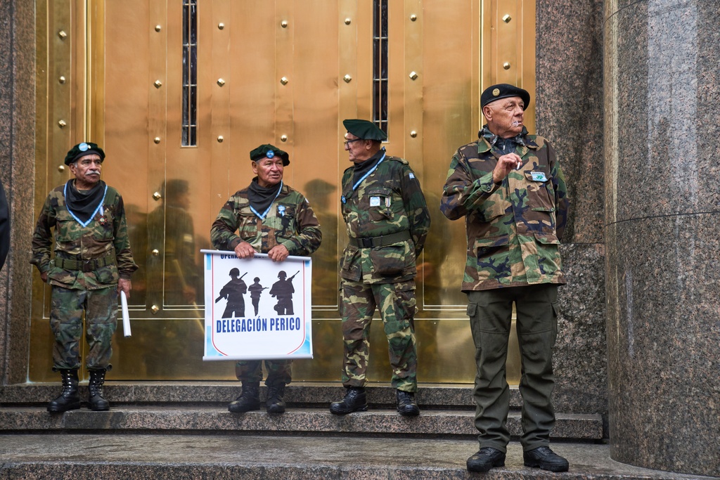 Retired military personnel gather to call for the release of former servicemen accused of human rights violations during the last dictatorship, in Buenos Aires, Argentina, Saturday, Nov. 29, 2025. (AP Photo/Rodrigo Abd)