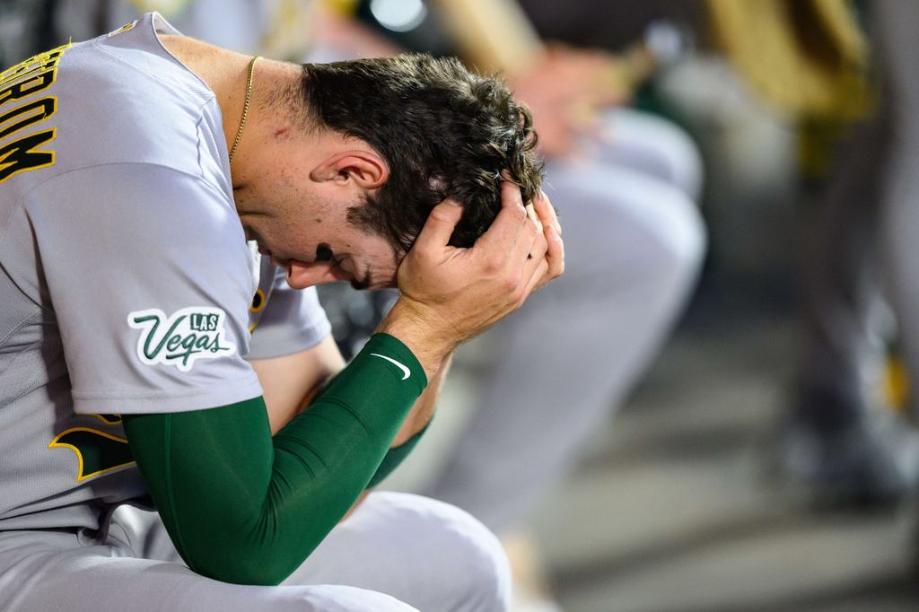Athletics' Tyler Soderstrom reacts during the sixth inning of a baseball game against the Los Angeles Angels, Monday, May 18, 2026, in Anaheim, Calif. (AP Photo/William Liang)