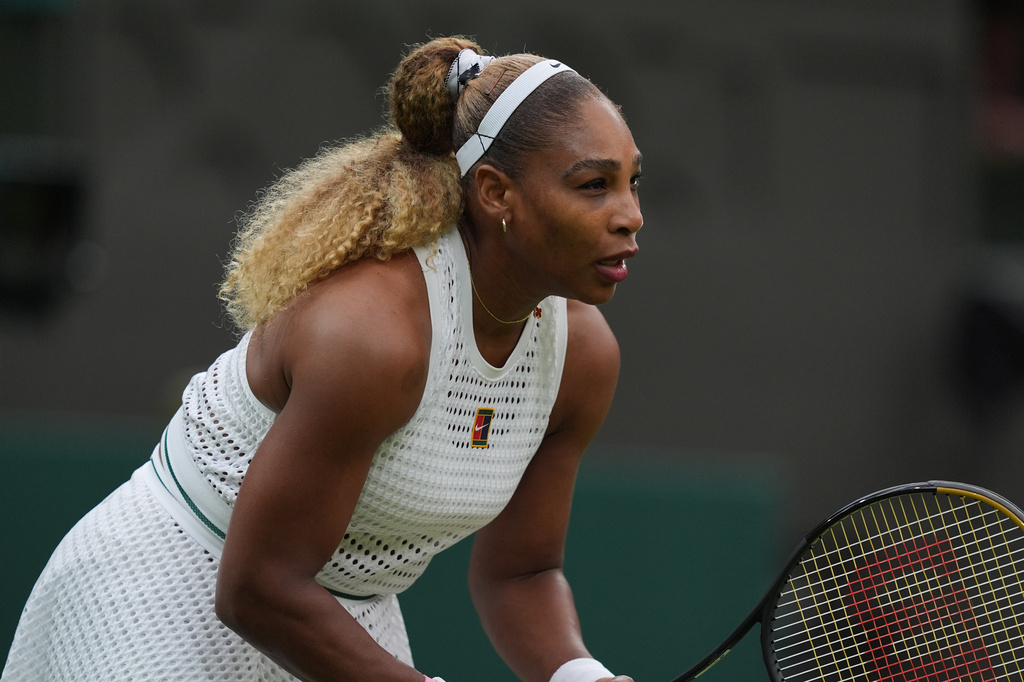 Serena Williams of the United States waits for the service of her rival Maya Joint of Australia in their first round women's singles match at the Wimbledon Tennis Championships in London, Tuesday, June 30, 2026. (AP Photo/Maja Smiejkowska)