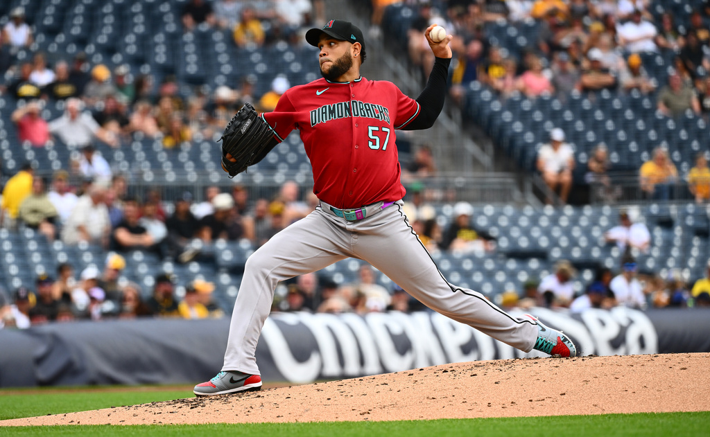 Arizona Diamondbacks pitcher Eduardo Rodriguez delivers in the second inning of a baseball game against the Pittsburgh Pirates in Pittsburgh, Wednesday, July 29, 2026. (AP Photo/Justin Berl)
