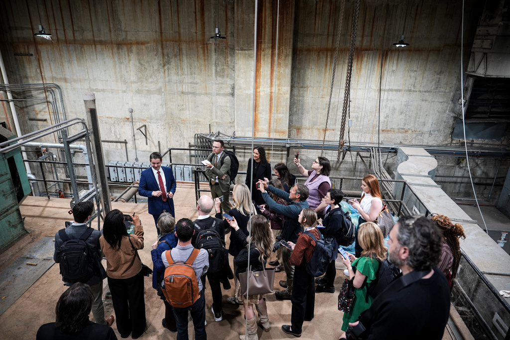 Matt Floca, the John F. Kennedy Center for the Performing Arts' new executive director and chief operating officer, shows aged equipment in the river pump room during a media tour intended to show building damage, Wednesday, April 22, 2026, in Washington. (AP Photo/Julia Demaree Nikhinson)