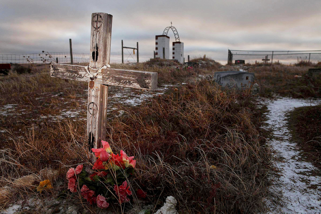 FILE - The Wounded Knee Memorial for victims of the 1890 Wounded Knee Massacre stands on Feb. 7, 2012, on the Pine Ridge Reservation in Wounded Knee, S.D. (Rapid City Journal via AP, File)