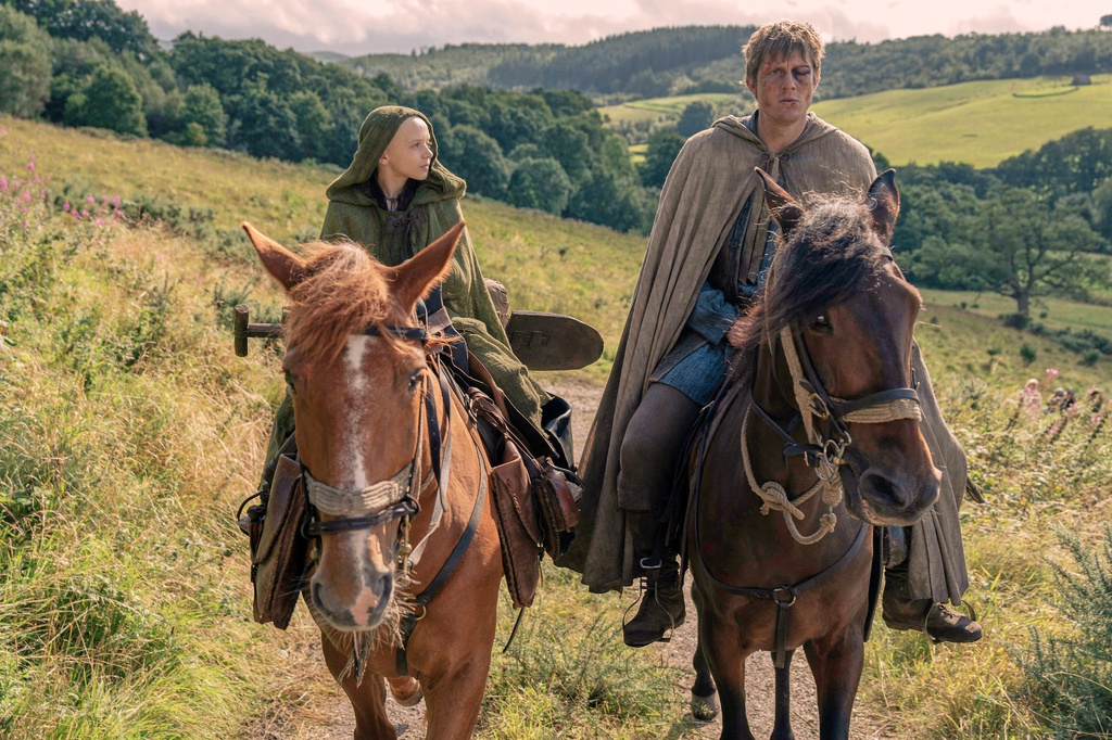 This image released by HBO shows Dexter Sol Ansell, left, and Peter Claffey in a scene from "A Knight of the Seven Kingdoms." (Steffan Hill/HBO via AP)