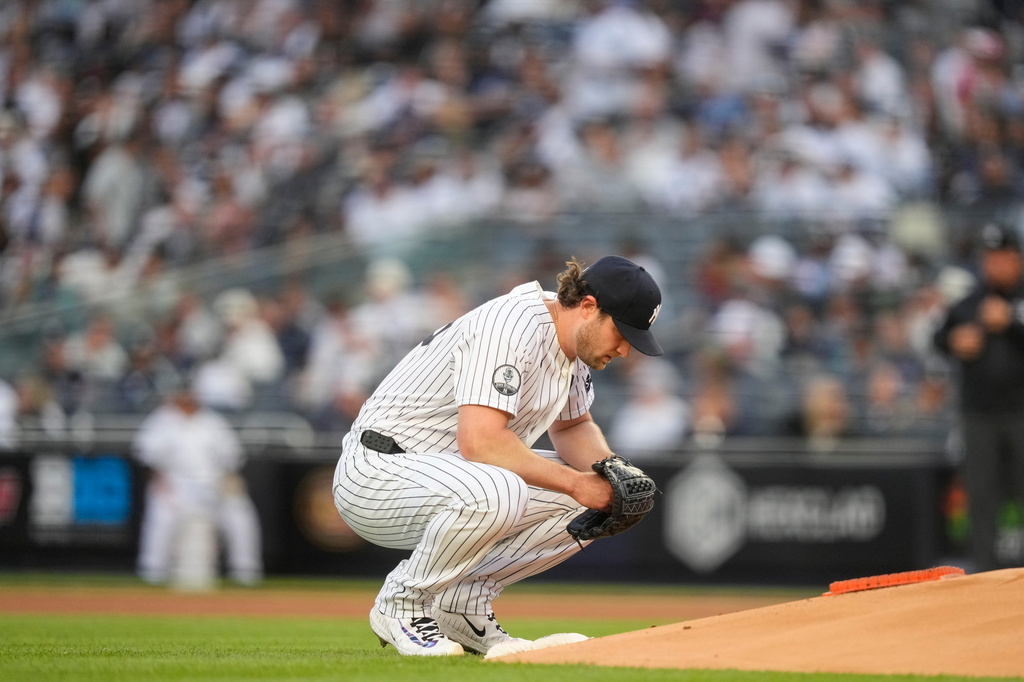 New York Yankees pitcher Gerrit Cole prepares to throw during the first inning of a baseball game against the Tampa Bay Rays, Friday, May 22, 2026, in New York. (AP Photo/Yuki Iwamura)