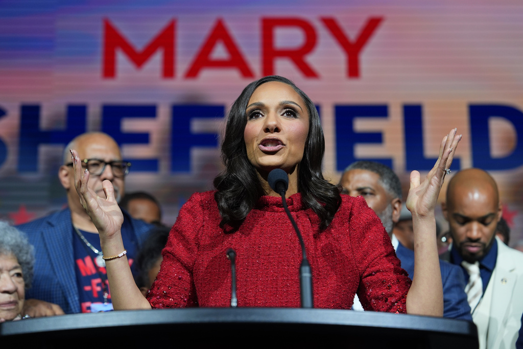 City Council President Mary Sheffield speaks during an election night watch party after winning the mayoral race on Tuesday, Nov. 4, 2025, in Detroit. (AP Photo/Paul Sancya)