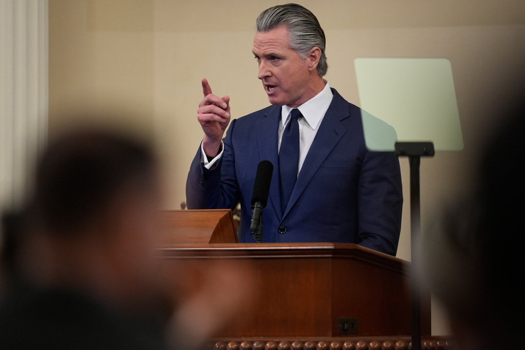 California Gov. Gavin Newsom speaks during his State of the State address Thursday, Jan. 8, 2026, in Sacramento, Calif. (AP Photo/Godofredo A. Vásquez)
