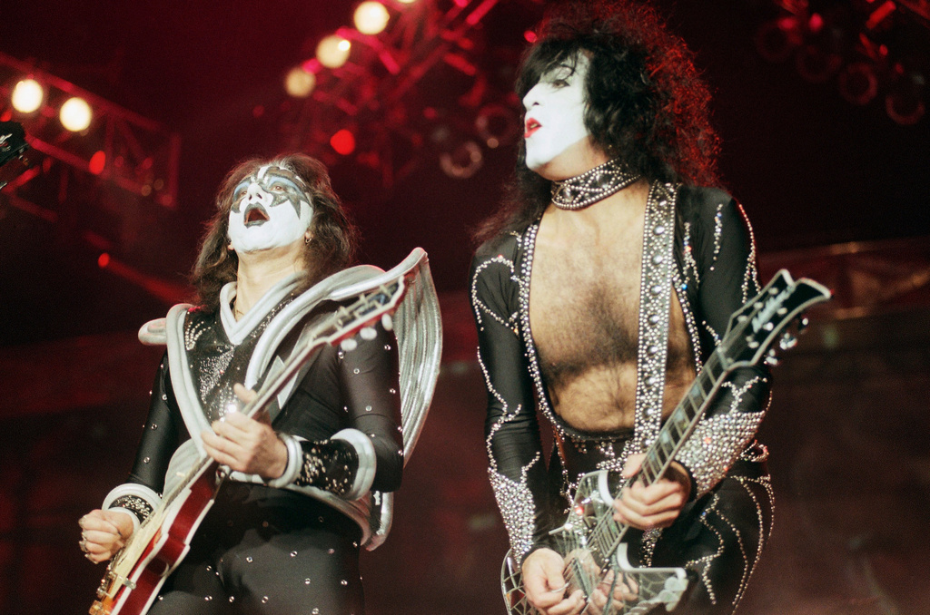 FILE - Paul Stanley, right, and Ace Frehley of the rock band Kiss perform during their sold-out Halloween concert at Dodger Stadium in Los Angeles, Saturday, Oct. 31, 1998. (AP Photo/Chris Pizzello)