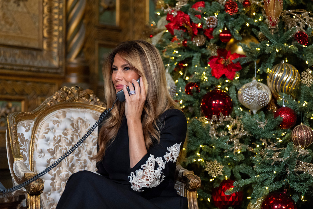 First lady Melania Trump speaks during a NORAD, North American Aerospace Defense Command, Tracks Santa Operation call at her Mar-a-Lago club, Wednesday, Dec. 24, 2025, in Palm Beach, Fla. (AP Photo/Alex Brandon)