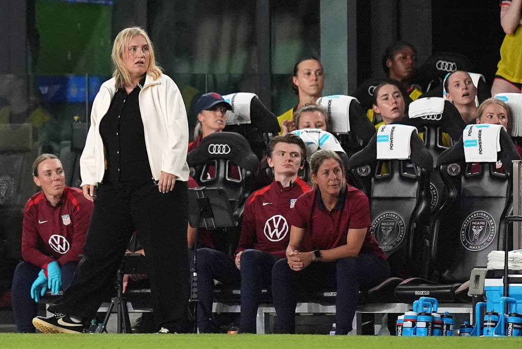 United States Head Coach Emma Hayes watches from the sideline during the second half of an international friendly soccer match against Italy, Monday, Dec. 1, 2025, in Fort Lauderdale, Fla. (AP Photo/Rebecca Blackwell)