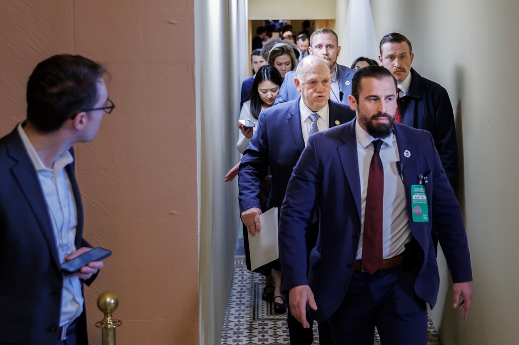 White House border czar Tom Homan exits a closed-door meeting with members of the U.S. Senate on Capitol Hill on Thursday, March 19, 2026, in Washington. (AP Photo/Tom Brenner)
