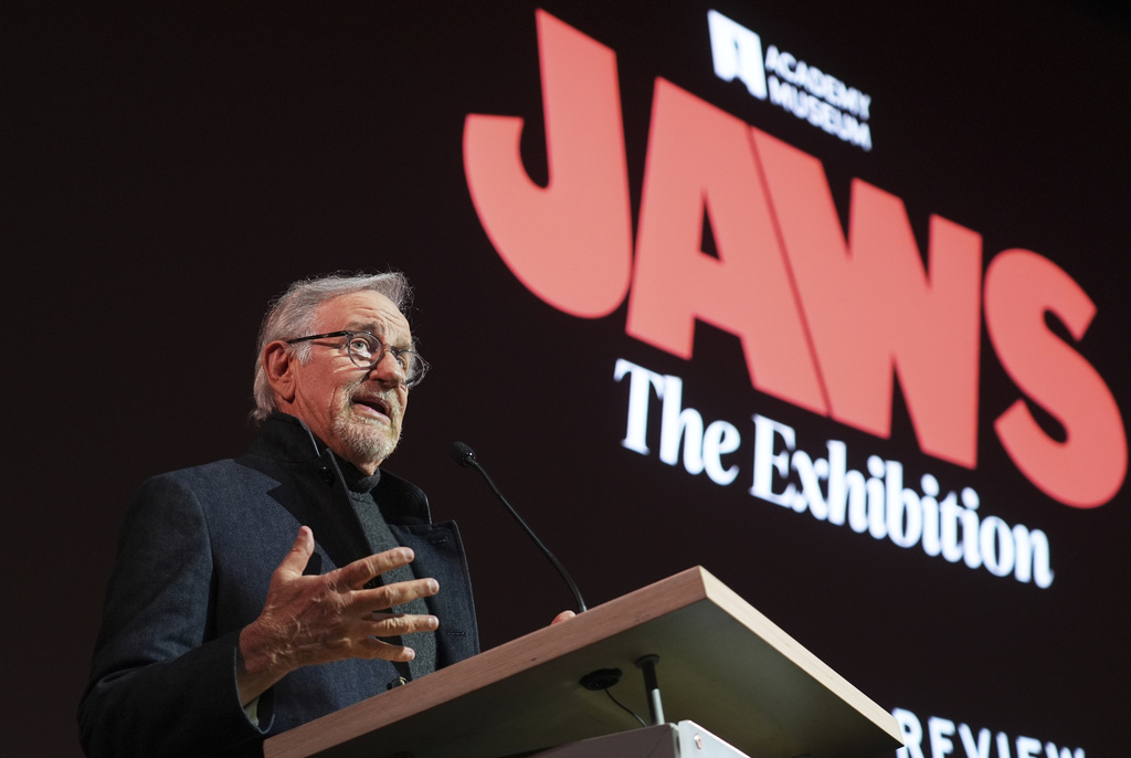 Steven Spielberg, director of the 1975 film "Jaws," addresses the audience during the "Jaws: The Exhibition" press preview on Wednesday, Sept. 10, 2025, at the Academy Museum of Motion Pictures in Los Angeles. (AP Photo/Chris Pizzello)