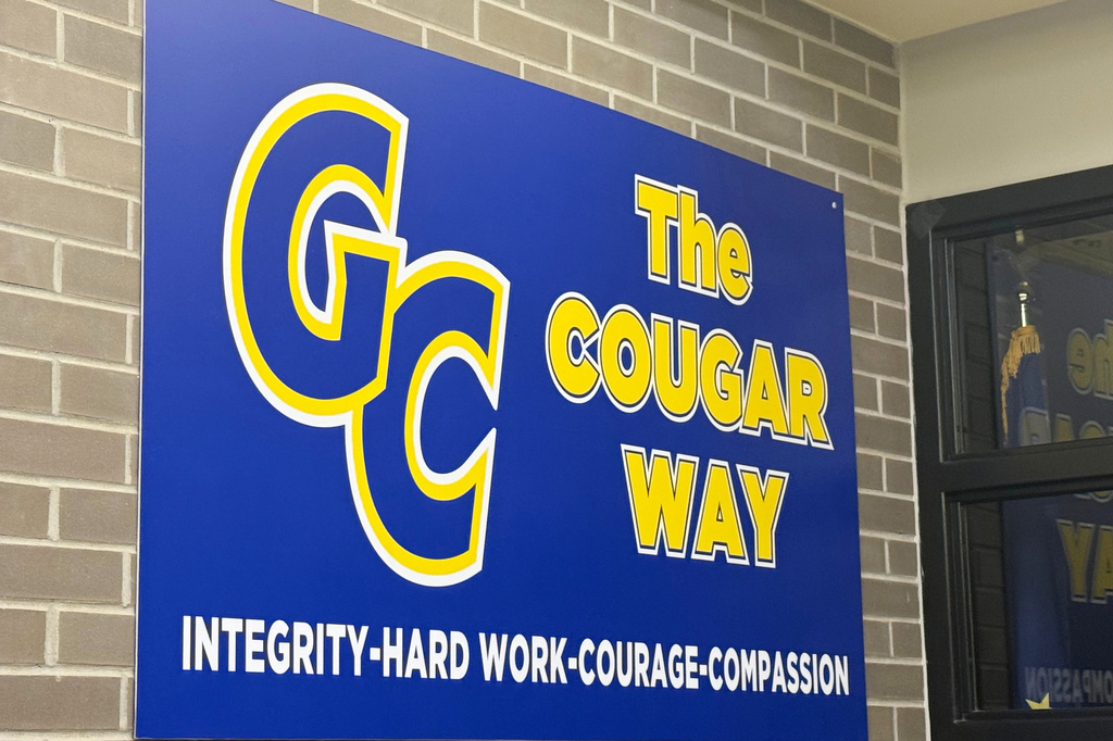An inspirational hanging outside Greenfield Central High School, where UConn's Braylon Mullins attended, is shown, Monday, March 30, 2026, in Greenfield, Ind. (AP Photo/Mike Marot)