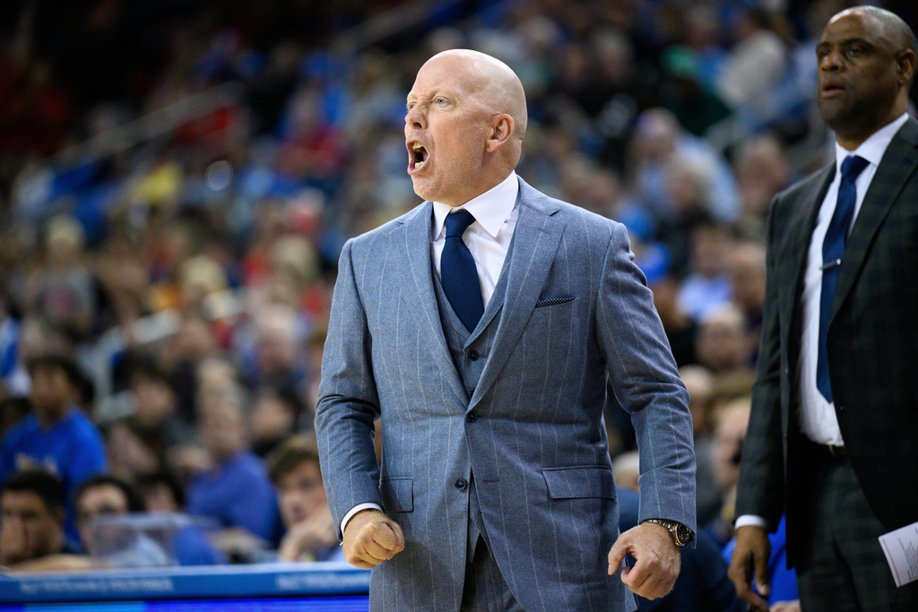 UCLA head coach Mick Cronin reacts during the first half of an NCAA college basketball game against Nebraska, Tuesday, March 3, 2026, in Los Angeles. (AP Photo/William Liang)