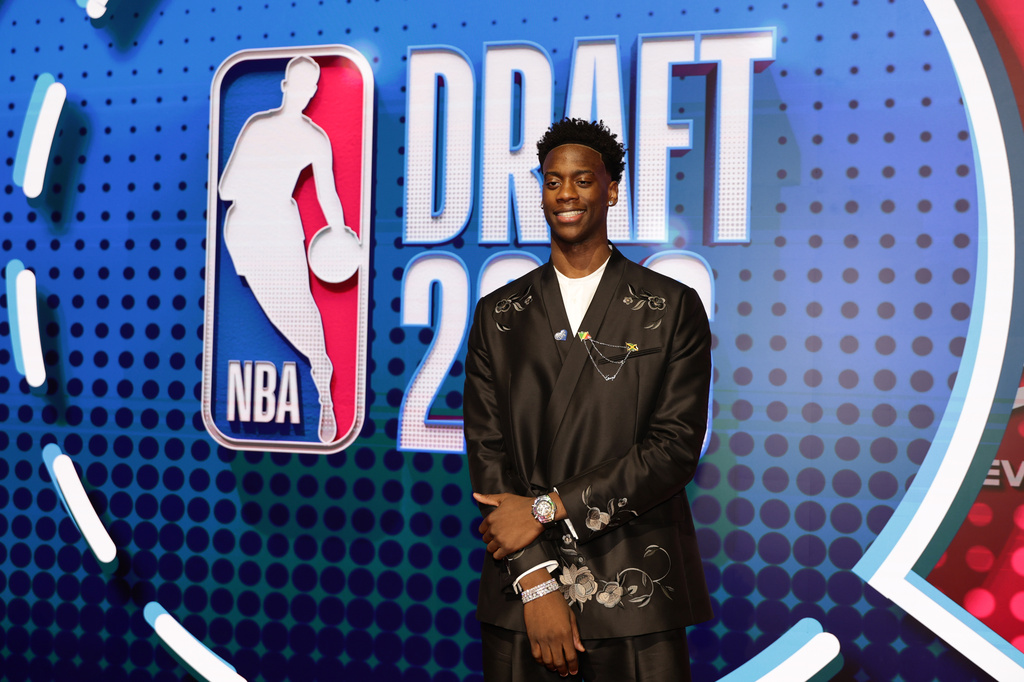 AJ Dybantsa arrives for the first round of the NBA basketball draft Tuesday, June 23, 2026, in New York. (AP Photo/Adam Hunger)