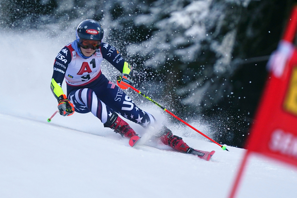 United States' Mikaela Shiffrin competes during an alpine ski, women's World Cup giant slalom, in Semmering, Austria, Saturday, Dec. 27, 2025. (AP Photo/Pier Marco Tacca)
