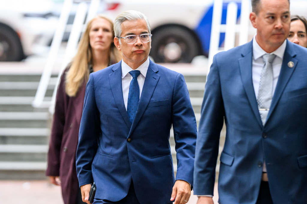 California Attorney General Rob Bonta arrives at the Ronald V. Dellums Federal Building and U.S. Courthouse on Tuesday, Aug. 18, 2026, in Oakland, Calif. (AP Photo/Noah Berger)