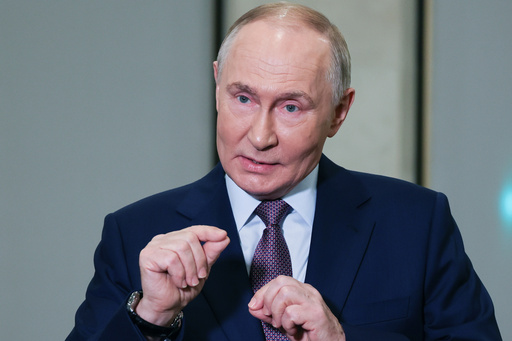 Russian President Vladimir Putin gestures while speaking to journalists on the sidelines of the Russian Geographical Society congress at the State Kremlin Palace in Moscow, Russia, Thursday, Oct. 23, 2025. (Vyacheslav Prokofyev, Sputnik, Kremlin Pool Photo via AP) Russian President Vladimir Putin gestures while speaking to journalists on the sidelines of the Russian Geographical Society congress at the State Kremlin Palace in Moscow, Russia, Thursday, Oct. 23, 2025. (Vyacheslav Prokofyev, Sputnik, Kremlin Pool Photo via AP)