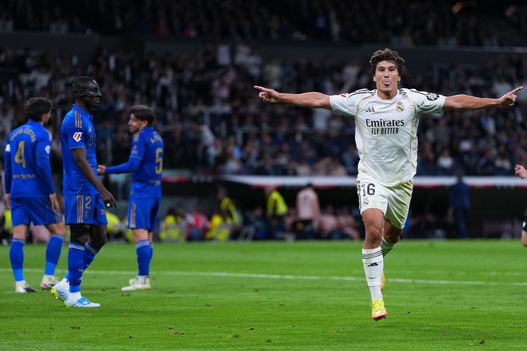 Real Madrid's Gonzalo Garcia celebrates after scoring the opening goal during the Spanish La Liga soccer match between Real Madrid and Real Oviedo in Madrid, Spain, Thursday, May 14, 2026. (AP Photo/Manu Fernandez)