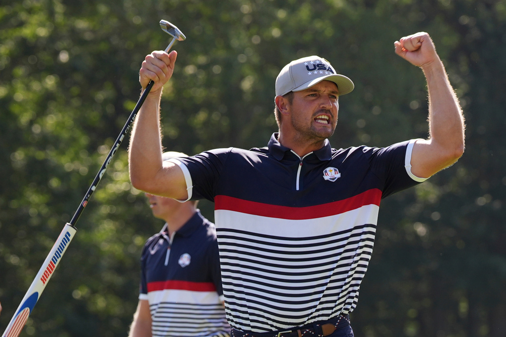 United States' Bryson DeChambeau celebrates after a birdie on the sixth hole at Bethpage Black golf course during the Ryder Cup golf tournament, Friday, Sept. 26, 2025, in Farmingdale, N.Y. (AP Photo/Lindsey Wasson)
