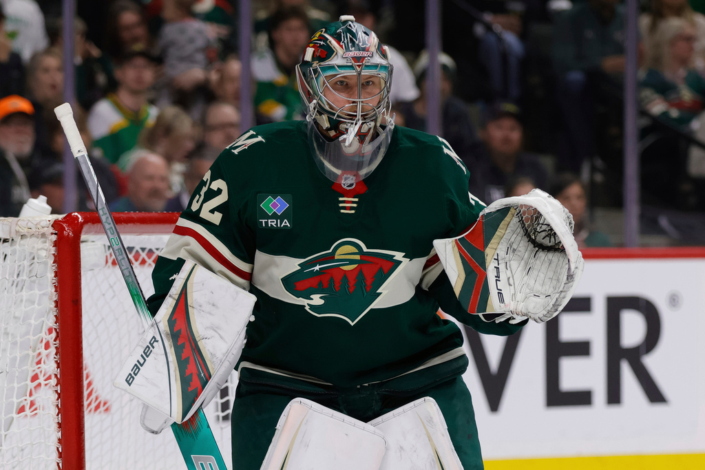 FILE - Minnesota Wild goaltender Filip Gustavsson watches the play during the second period of Game 6 of a first-round NHL hockey playoff series against the Vegas Golden Knights, May 1, 2025, in St. Paul, Minn. (AP Photo/Bailey Hillesheim, File)