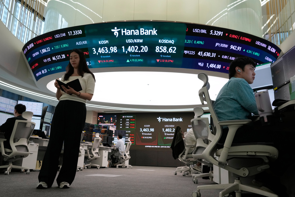 Currency traders work near a screen showing the Korea Composite Stock Price Index (KOSPI), top center left, and the foreign exchange rate between U.S. dollar and South Korean won, top center, at the foreign exchange dealing room of the Hana Bank headquarters in Seoul, South Korea, Thursday, Sept. 25, 2025. (AP Photo/Ahn Young-joon)