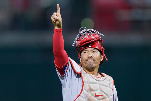 FILE - Los Angeles Angels catcher Kurt Suzuki gestures as he leaves a baseball game against the Oakland Athletics during the first inning in Oakland, Calif., Tuesday, Oct. 4, 2022. (AP Photo/Godofredo A. Vásquez, File) FILE - Los Angeles Angels catcher Kurt Suzuki gestures as he leaves a baseball game against the Oakland Athletics during the first inning in Oakland, Calif., Tuesday, Oct. 4, 2022. (AP Photo/Godofredo A. Vásquez, File)