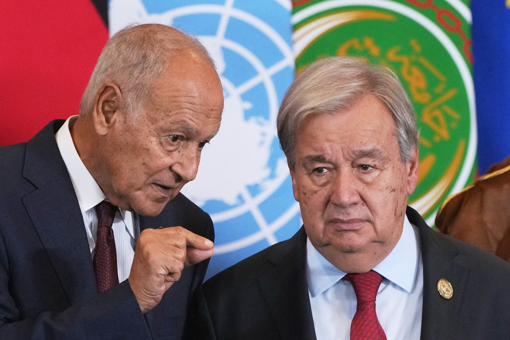 UN Secretary-General Antonio Guterres, right, listens to Arab League Secretary-General Ahmed Aboul Gheit during a summit to support ending the Israel-Hamas war in Gaza after a ceasefire deal, Monday, Oct. 13, 2025, in Sharm El Sheikh, Egypt. (AP Photo/Amr Nabil)