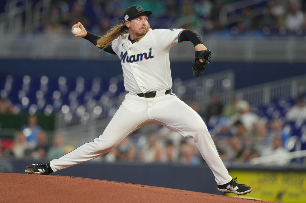 Miami Marlins starting pitcher Lake Bachar aims a pitch during the first inning of a baseball game against the Tampa Bay Rays Saturday, June 6, 2026, in Miami. (AP Photo/Marta Lavandier)