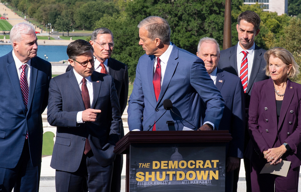 Top Republicans in Congress gather for a news conference to blame the government shutdown on Democrats, at the Capitol in Washington, Wednesday, Oct. 1, 2025. From left are House Majority Whip Tom Emmer, R-Minn., Speaker of the House Mike Johnson, R-La., Sen. John Barrasso, R-Wyo., the GOP whip, Senate Majority Leader John Thune, R-S.D., House Majority Leader Steve Scalise, R-La., Sen. Tom Cotton, R-Ark., and Sen. Shelly Moore Capito, R-W.Va. (AP Photo/J. Scott Applewhite)