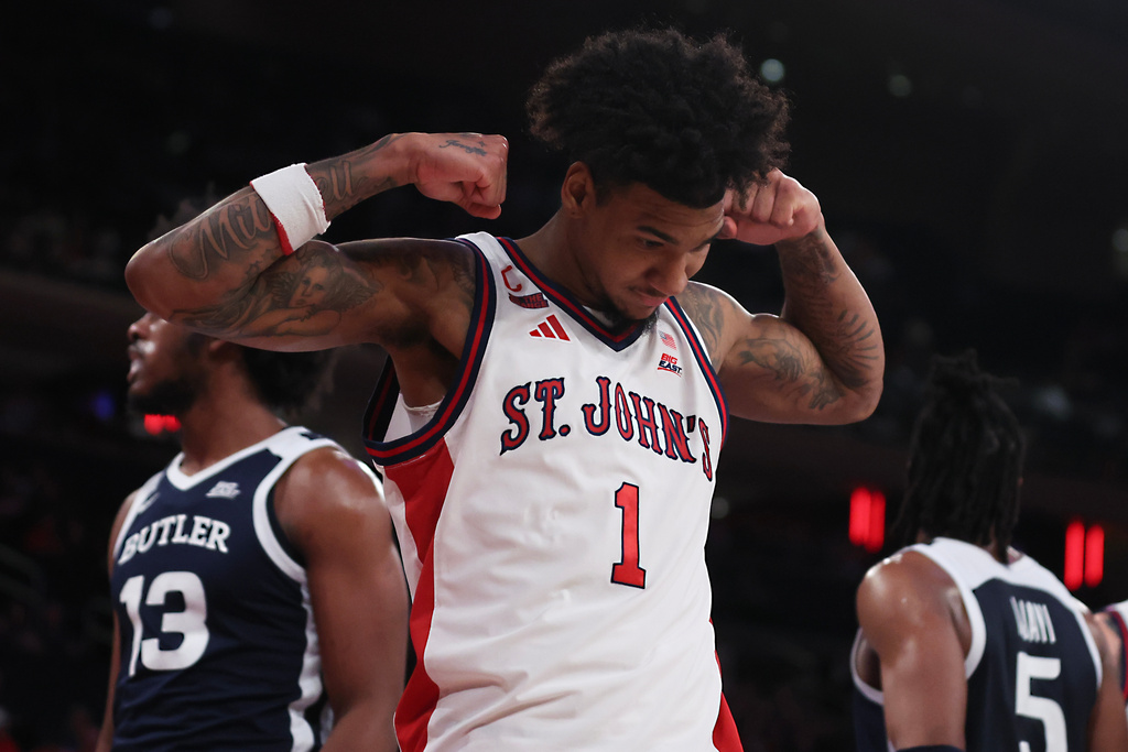 St. John's forward Dillon Mitchell (1) flexes after scoring and drawing a foul during the second half of an NCAA college basketball game against Butler, Wednesday, Jan. 28, 2026, in New York. (AP Photo/Heather Khalifa)