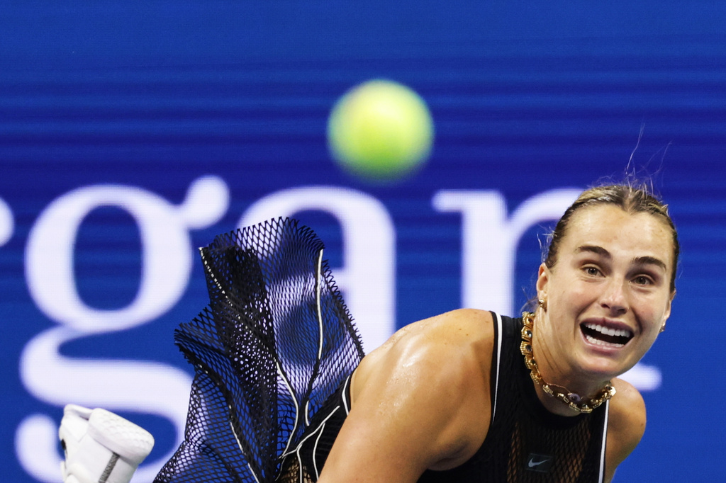 Aryna Sabalenka, of Belarus, serves to Polina Iatcenko, of Russia, during the second round of the U.S. Open tennis championships, Wednesday, Sept. 2, 2026, in New York. (AP Photo/Adam Hunger)