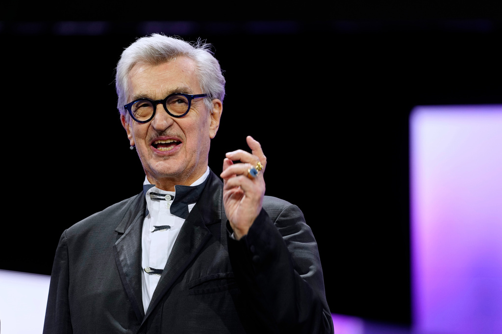FILE - Jury president Wim Wenders speaks at the opening ceremony of the International Film Festival, Berlinale, in Berlin, on Feb. 12, 2026. (AP Photo/Markus Schreiber, File)