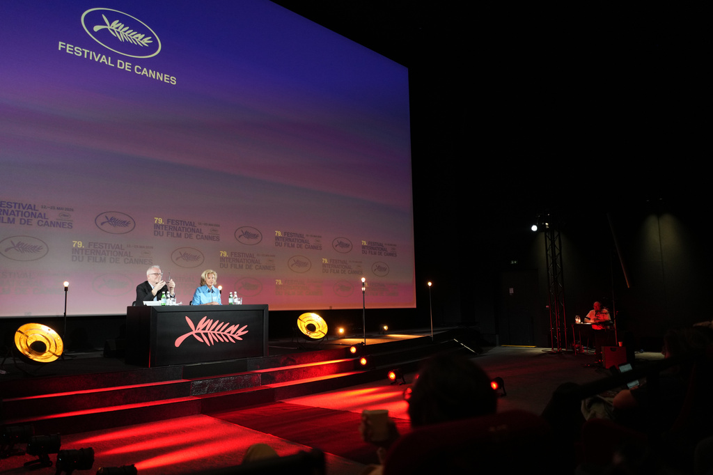 Cannes film festival president Iris Knobloch, right, and Cannes film festival delegate general Thierry Fremaux attend a press conference to announce the International Cannes film festival line up for the upcoming 79th edition, Thursday, April 9, 2026 in Paris. (AP Photo/Thibault Camus)