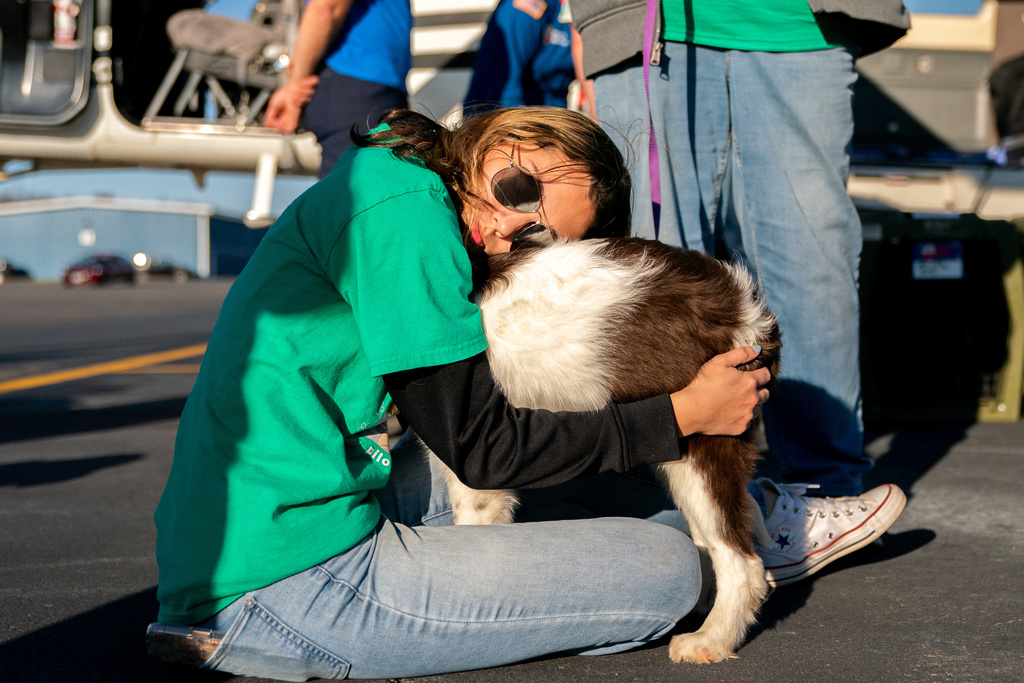 Katelynn Aldarondo says goodbye to the nameless dog she grew close to, Nov. 23, 2025, at Culpeper Regional Airport in Brandy Station, Va. (AP Photo/Allison Robbert)