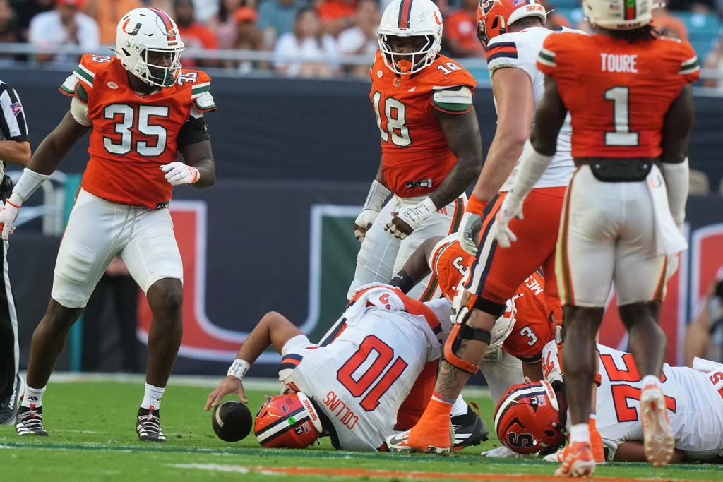 Syracuse quarterback Rickie Collins (10) is sacked during the first half of an NCAA college football game against Miami, Saturday Nov. 8, 2025, in Miami Gardens, Fla. (AP Photo/Marta Lavandier)