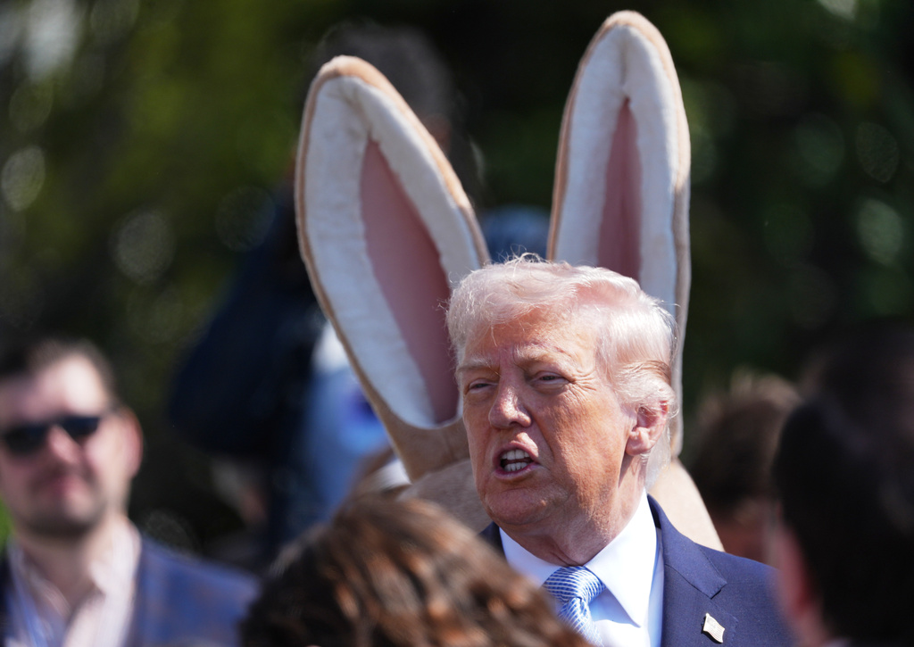 President Donald Trump participates in the White House Easter Egg Roll on the South Lawn of the White House, Monday, April 6, 2026, in Washington. (AP Photo/Mark Schiefelbein)