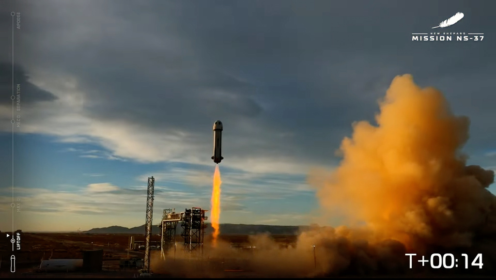 This image provided by Blue Origin shows Blue Origin rocket lifts off on Saturday, Dec. 20, 2025 in West Texas. (Blue Origin via AP)