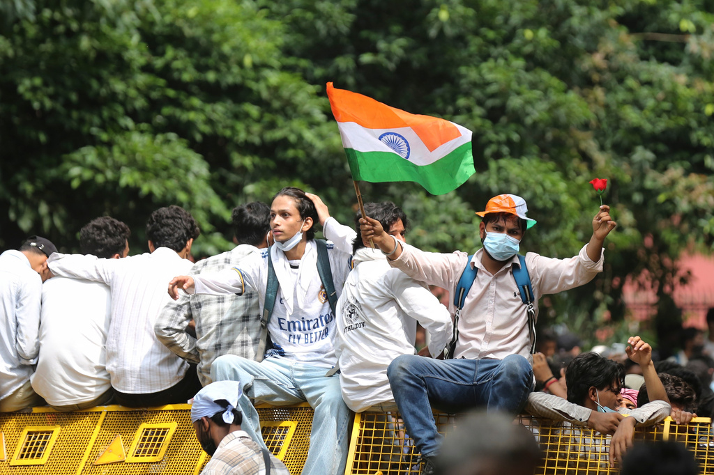 Protesters participate in a demonstration demanding educational reforms as part of the Cockroach Janta Party's ongoing protest movement in New Delhi, India, Saturday, July 25, 2026. (AP Photo/Vipin)
