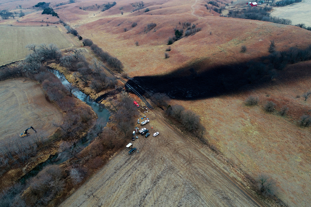 FILE - This photo taken with a drone shows the area where the ruptured Keystone pipeline dumped oil into a creek in Washington County, Kan., Dec. 9, 2022. (Zeitview via AP, File)