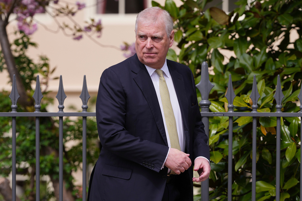 FILE - Britain's Andrew Mountbatten-Windsor, formerly known as Prince Andrew, looks round as he leaves after attending the Easter Matins Service at St. George's Chapel, Windsor Castle, England, April 20, 2025. (AP Photo/Kirsty Wigglesworth, File)