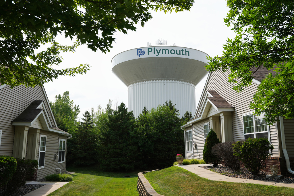 A water tower is seen Thursday, July 30, 2026, in Plymouth, Minn. A cyberattack targeted the operating technology at over 30 water systems in Minnesota, including Plymouth's, earlier this week, state officials said. (AP Photo/Ellen Schmidt)
