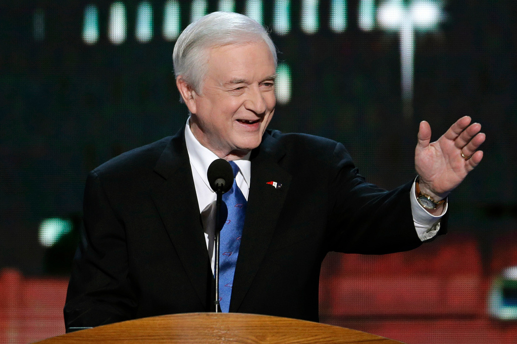 FILE- Former North Carolina Gov. Jim Hunt speaks at the Democratic National Convention, Sept. 5, 2012, in Charlotte, N.C. (AP Photo/J. Scott Applewhite, File)